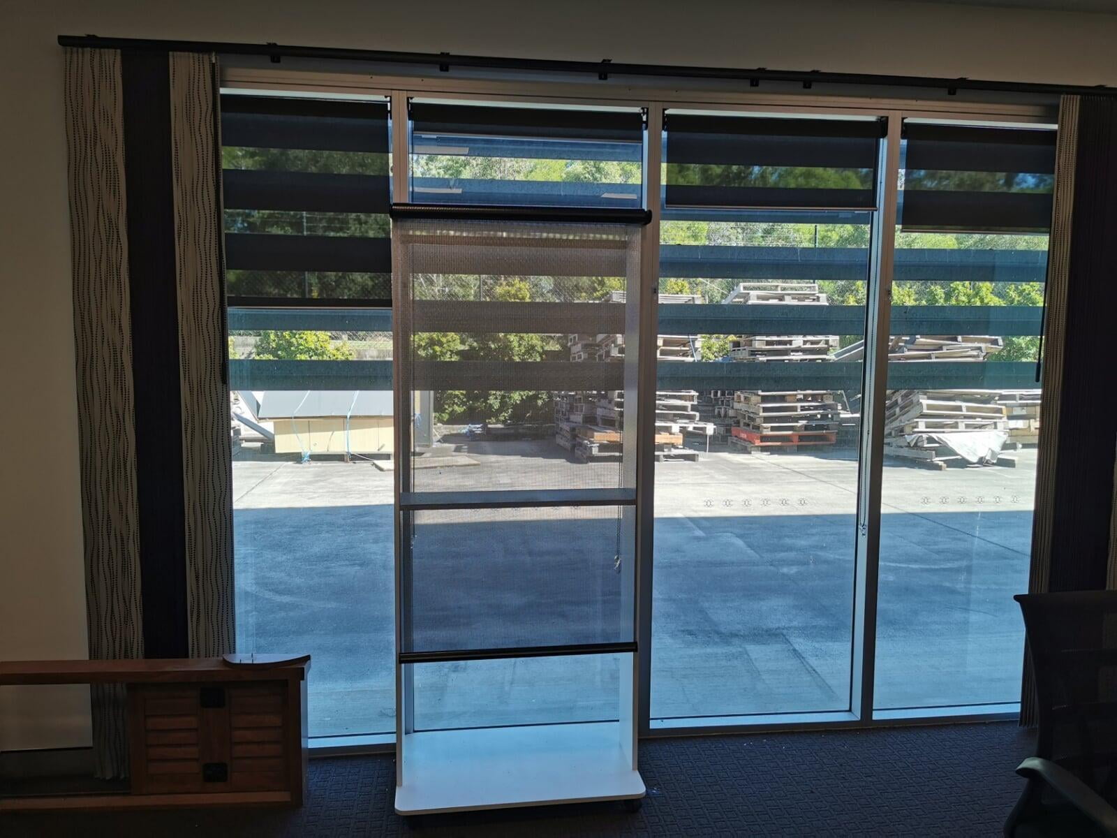 Inflector Blind Format- Winter Mode (Absorbing Outside heat, reducing glare. reducing radiant heat inside, maintaining view, retrofit or new install)